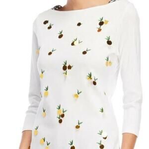 Rafaella White Gold Foil Pineapples Colorful 3/4 Sleeve Whimsical Top XS NWT